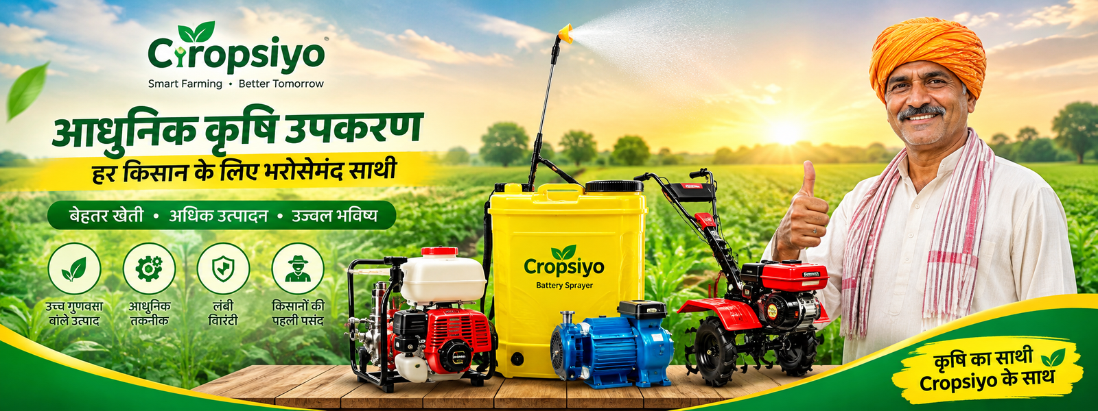 Cropsiyo पर खरीदें उच्च गुणवत्ता के कृषि उपकरण, Battery Sprayer, Power Sprayer, Agriculture Pump और आधुनिक Farming Tools। किसानों के लिए भरोसेमंद और उपयोगी कृषि मशीनरी।